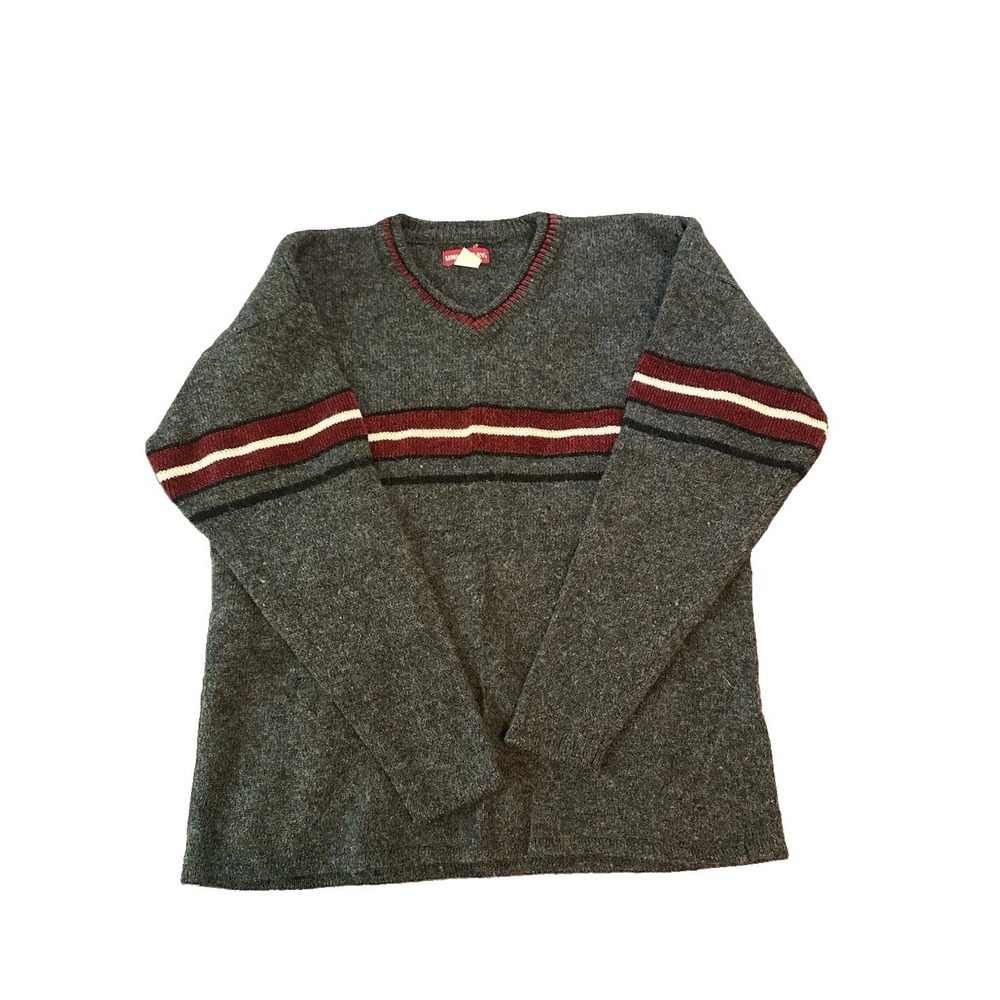 Vintage Wool Blend Union Bay Mens Sweater L Gray Burgundy Stripe 90s Preppy